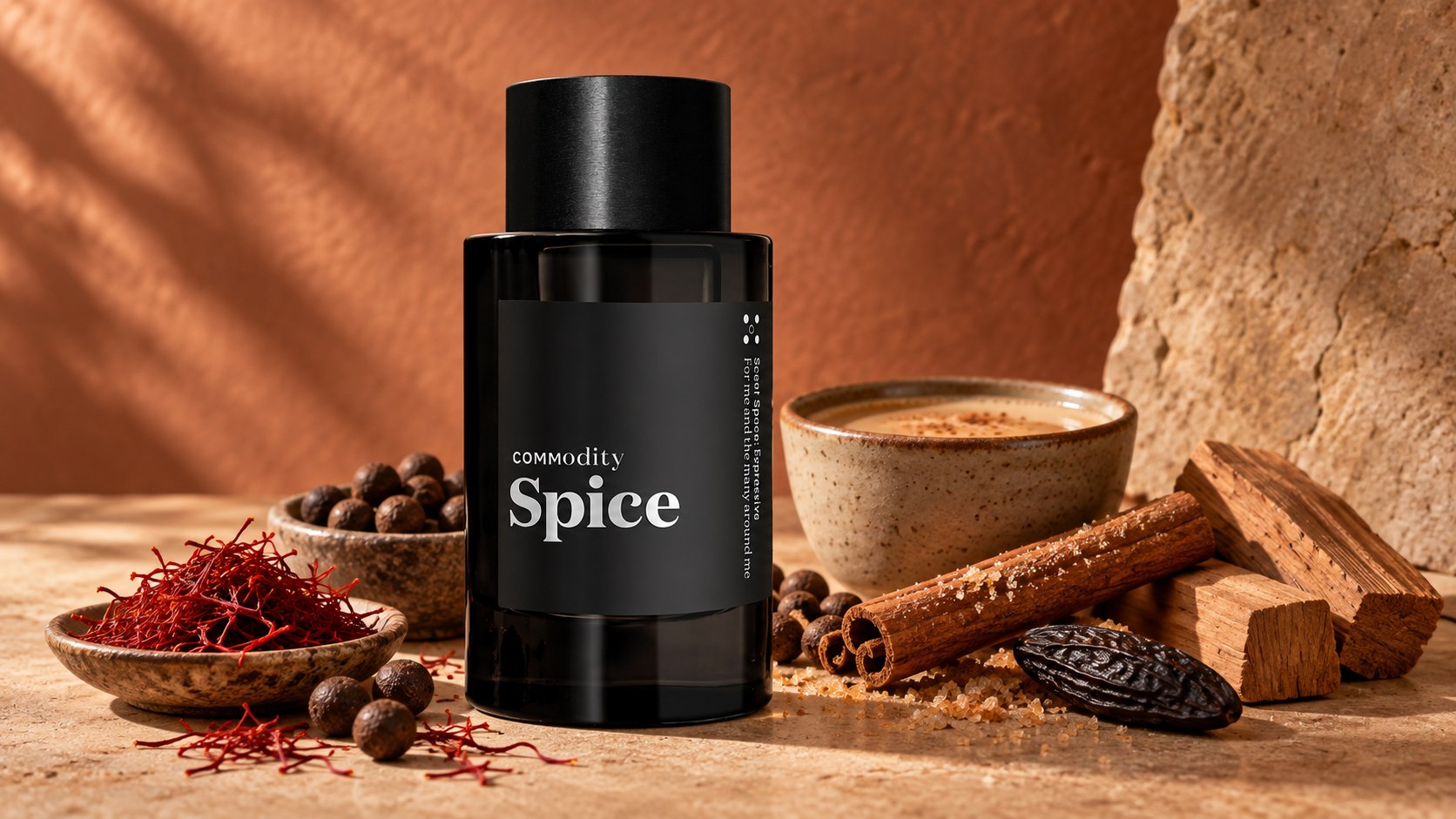 Frasco de Commodity Spice Expressive junto a azafrán, especias y chai; composición editorial panorámica generada con IA a partir de la fotografía oficial