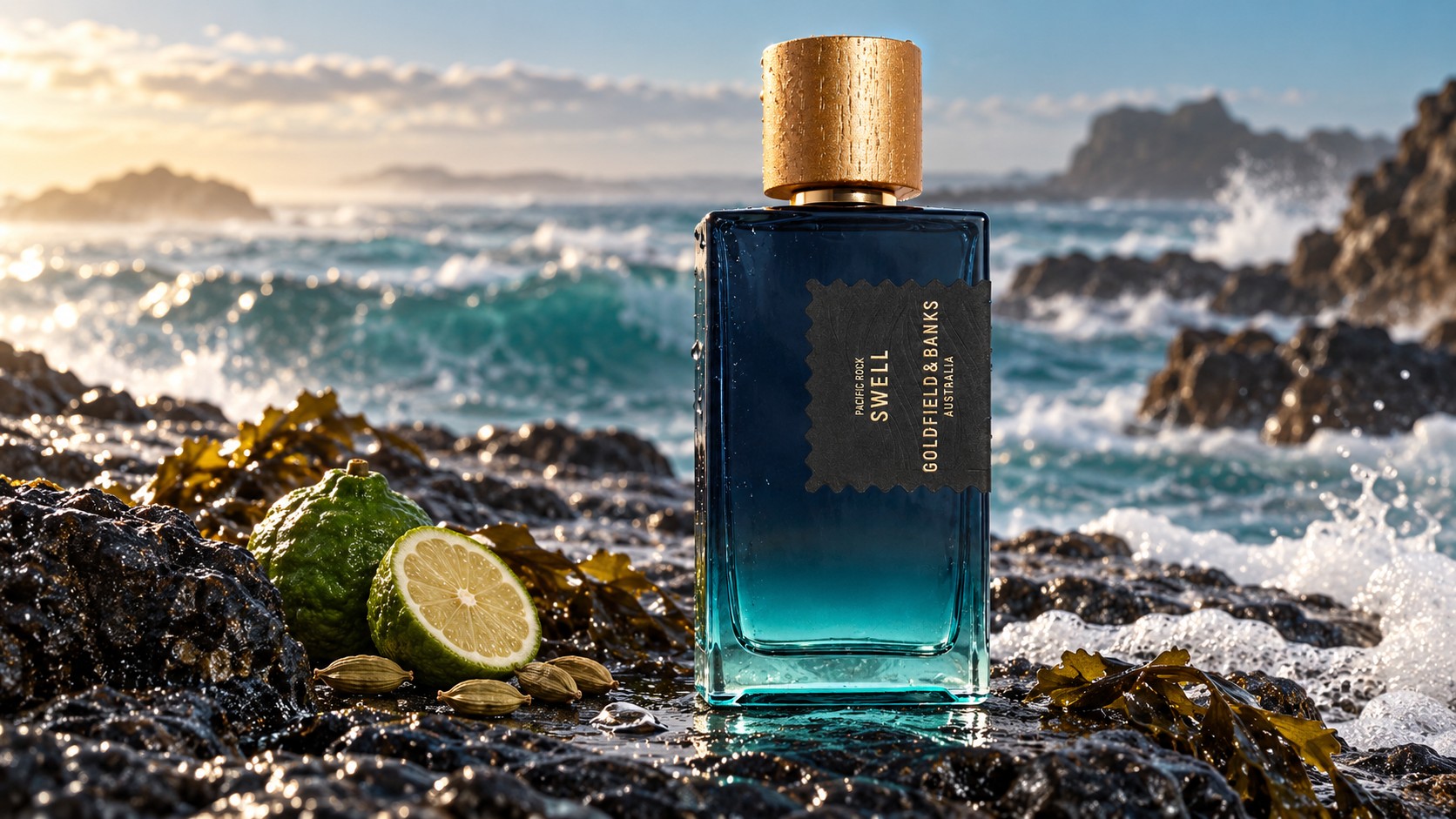 Pacific Rock Swell junto a un paisaje marino; composición editorial generada con IA a partir del frasco oficial
