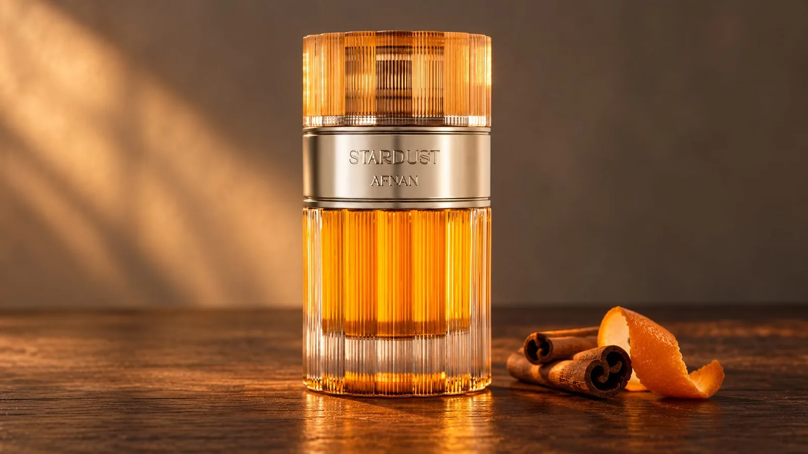 Frasco de Afnan Stardust con el nombre y la marca visibles, junto a canela y piel de naranja, en una composición editorial panorámica generada con IA a partir de la imagen oficial