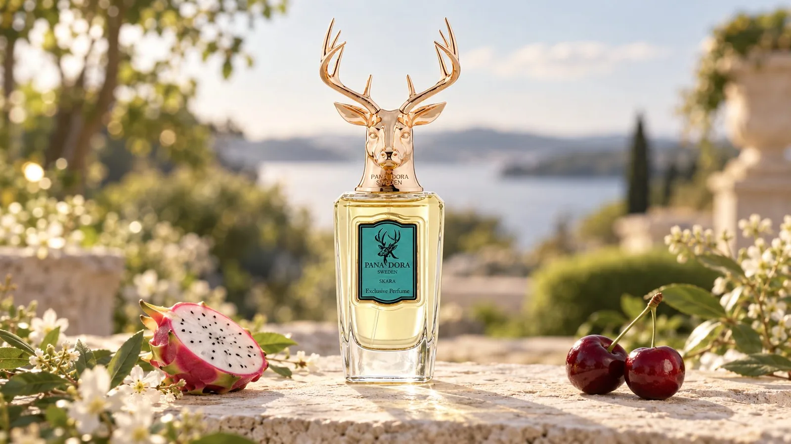 Frasco de Pana Dora Skara con tapón de ciervo y etiqueta turquesa, junto a pitahaya y cerezas; composición editorial panorámica generada con IA a partir de la fotografía oficial